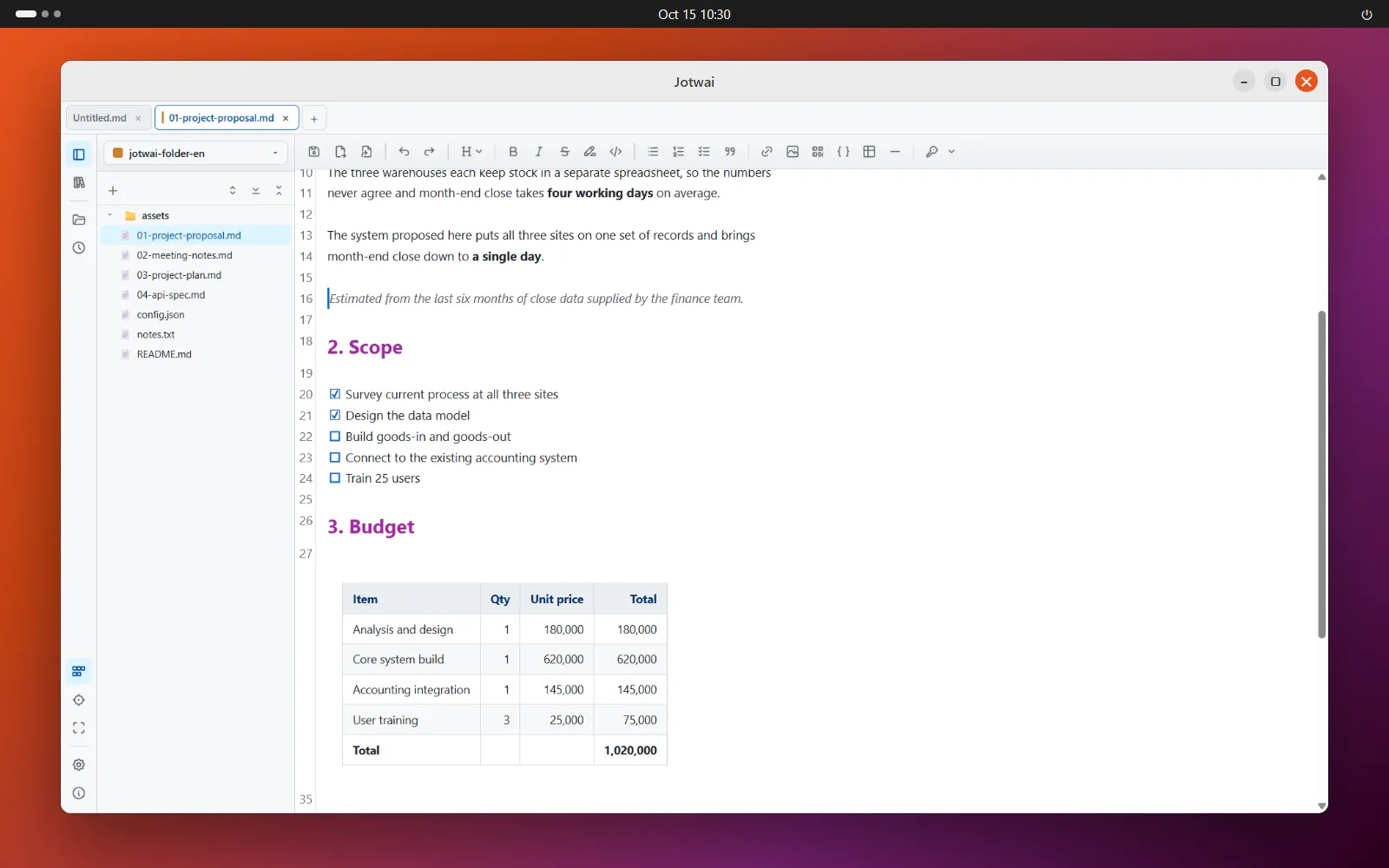 The Jotwai window on an Ubuntu desktop, with a project folder and a document in live preview